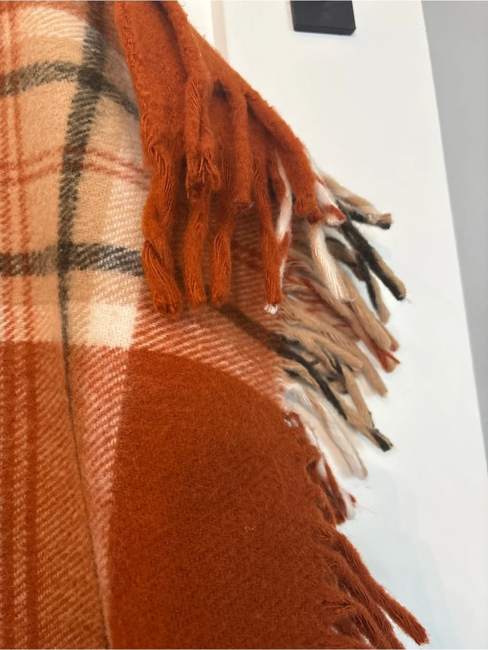 Vintage Rust Black Tan White Plaid Wool Fringe Blanket